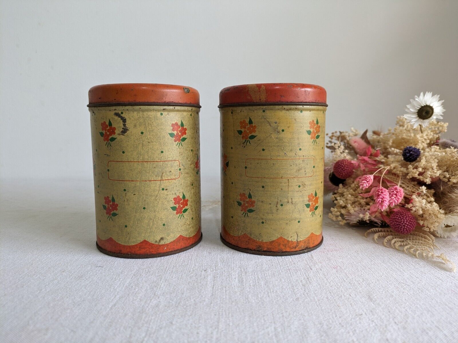 2x Vintage 1930s 20s Handiware Ditsy Storage Tin / Canister Rare Prop Kitchen