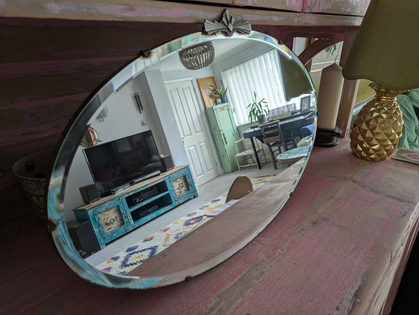 Art Deco Bevel Edge Wall Mirror Frameless & Chain Bevel Edge Oval Vintage Finial