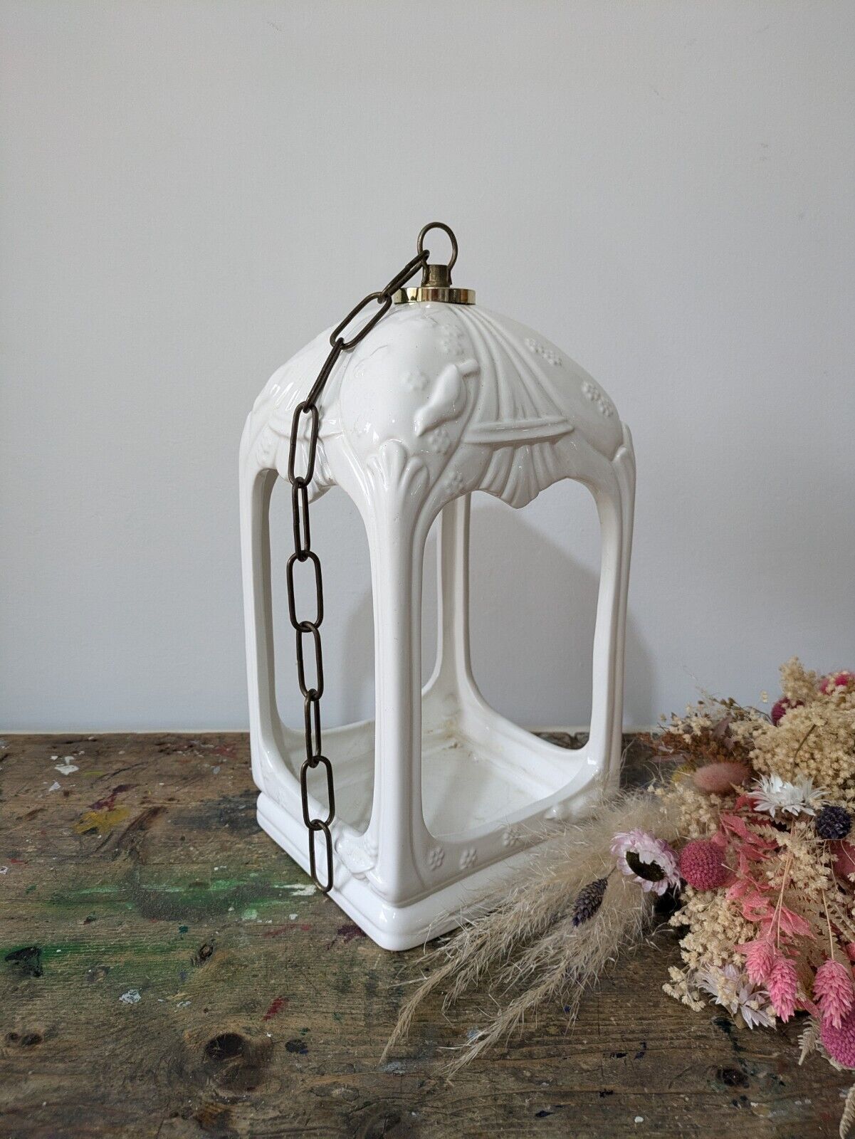 Large VTG White Ceramic Hand Painted Bird Cage Lantern On Chain Candle Holder Vg