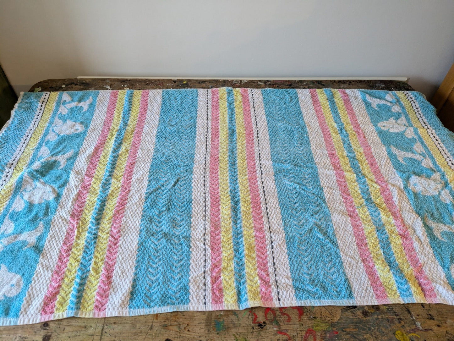 1 Vintage Towel Rainbow Stripe Retro Bath bathroom prop Midcentury Cotton Prop