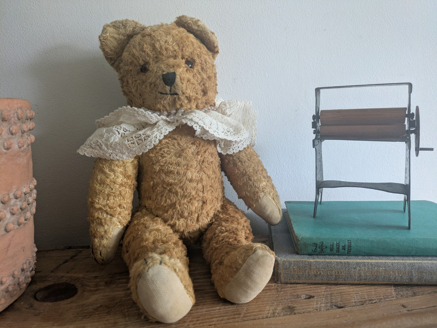 Antique Vintage Teddy Bear Straw Mohair  Articulated Jointed Toy Collar Prop Vgc