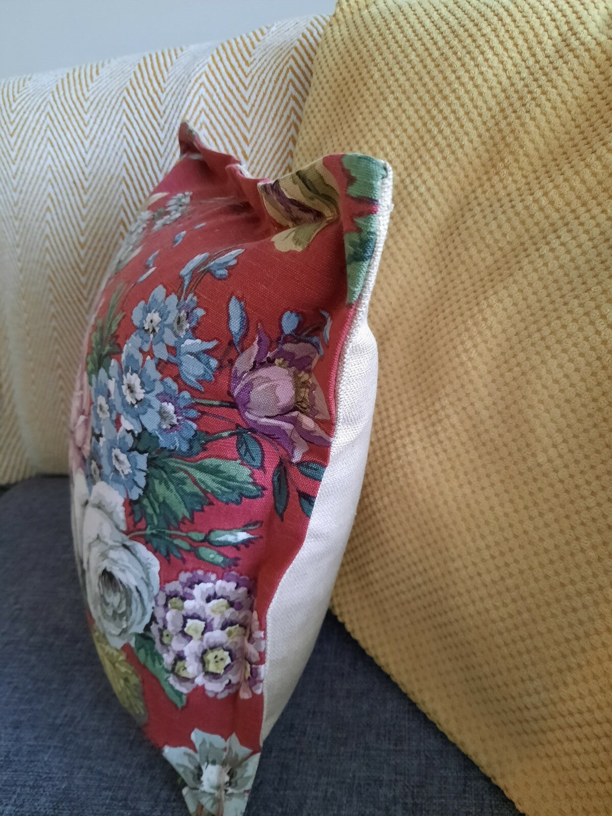Vintage Sanderson Floral LINEN Cushion Cover inner Square 50cm sq feather pink