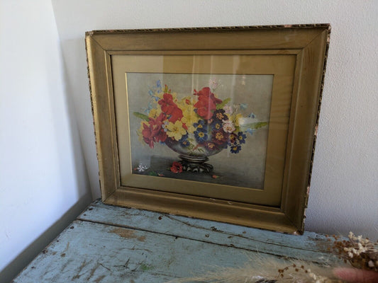Vintage 30s Antique Gilt Frame floral bouquet PRINT original Landscape Pansies