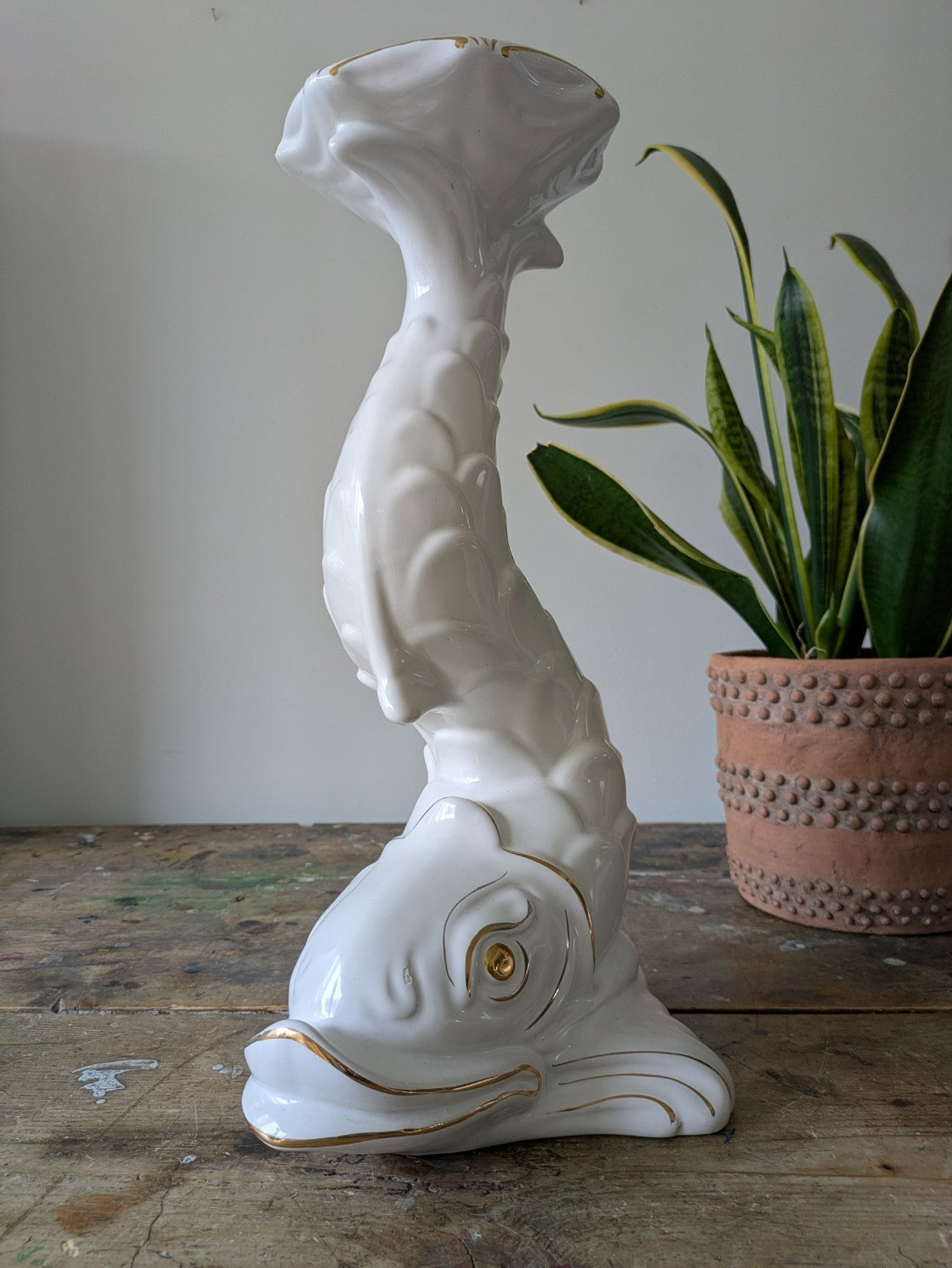 XL DOLPHIN CERAMIC CAPODIMONTE ITALIAN WHITE MID CENTURY VTG PLANT STAND TABLE
