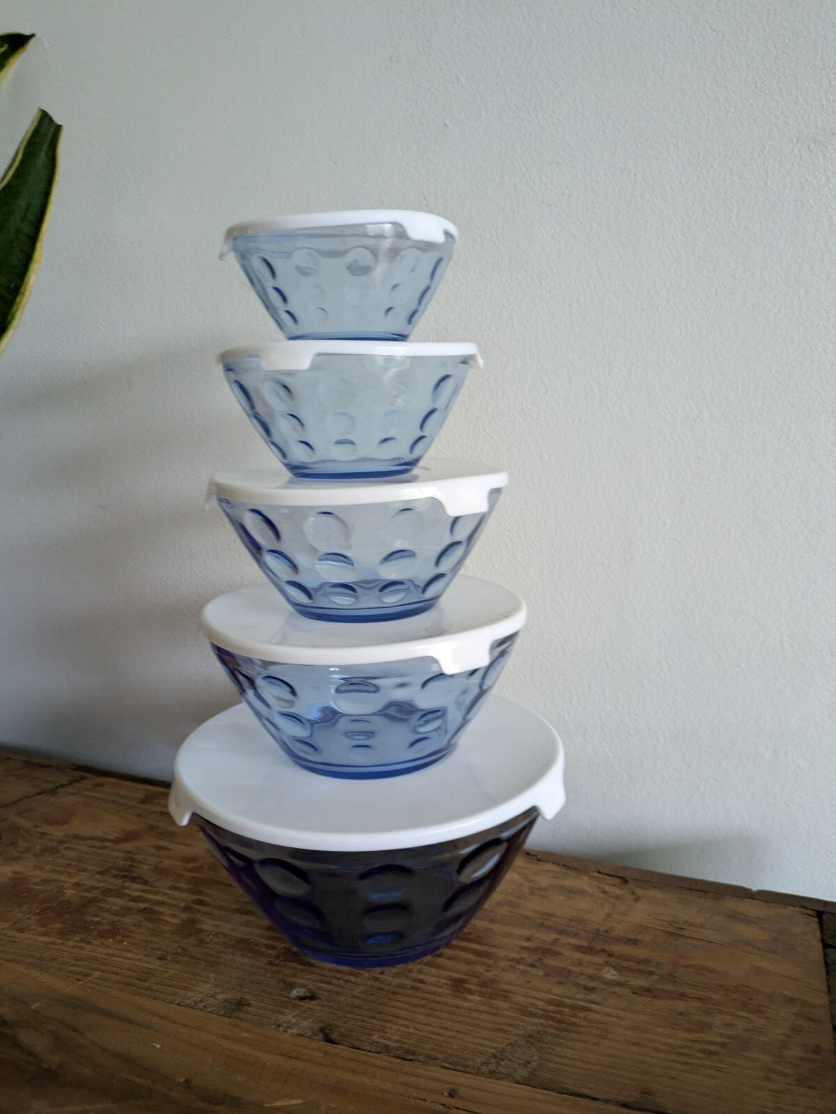 Vintage Set of 5 Stackable Glass Blue Polka Dot Spot Design Bowls W/Lids Nesting