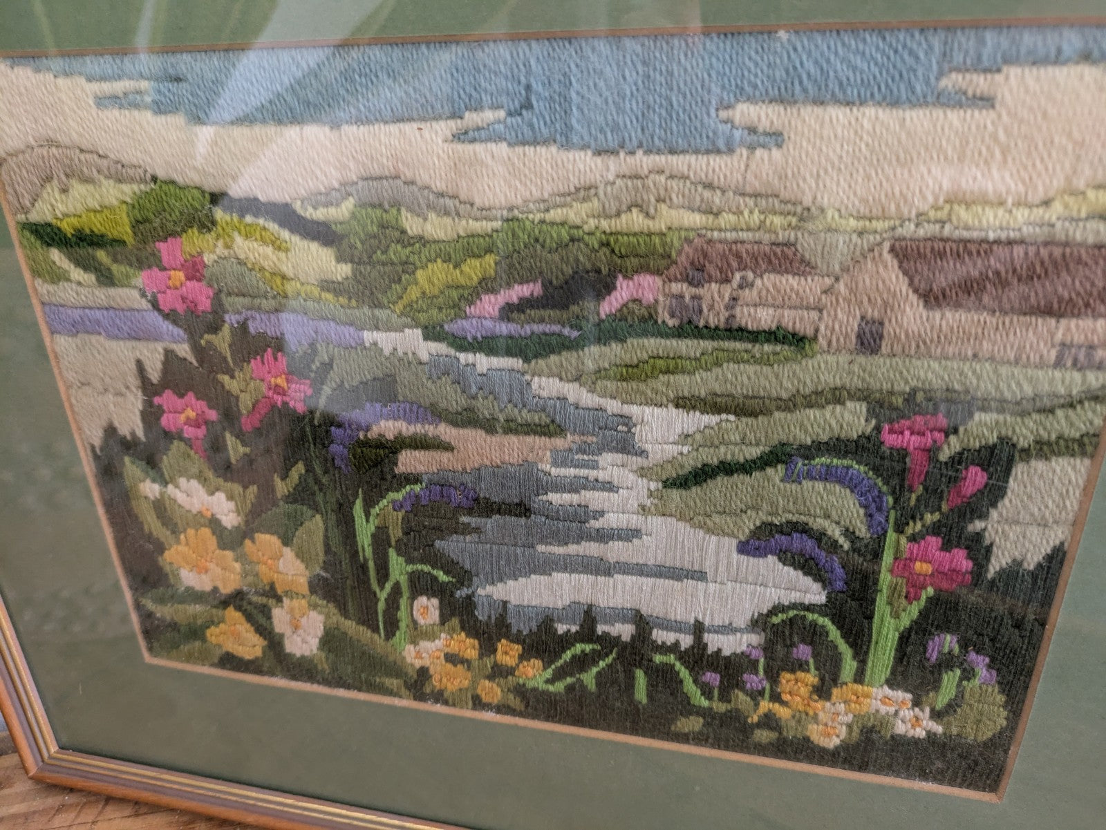 Country Side Embroidery Long Stitch Tapestry Picture Vtg River Floral Landscape