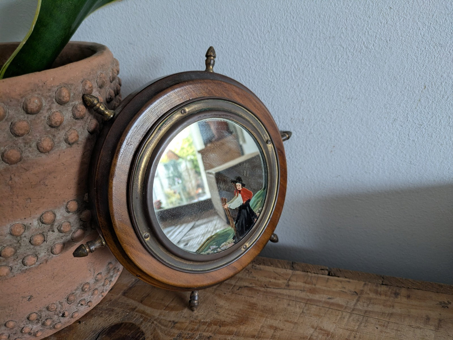Antique Porthole Maritime Mirror Solid Oak Small Ships Wheel Nautical 1920s Vtg
