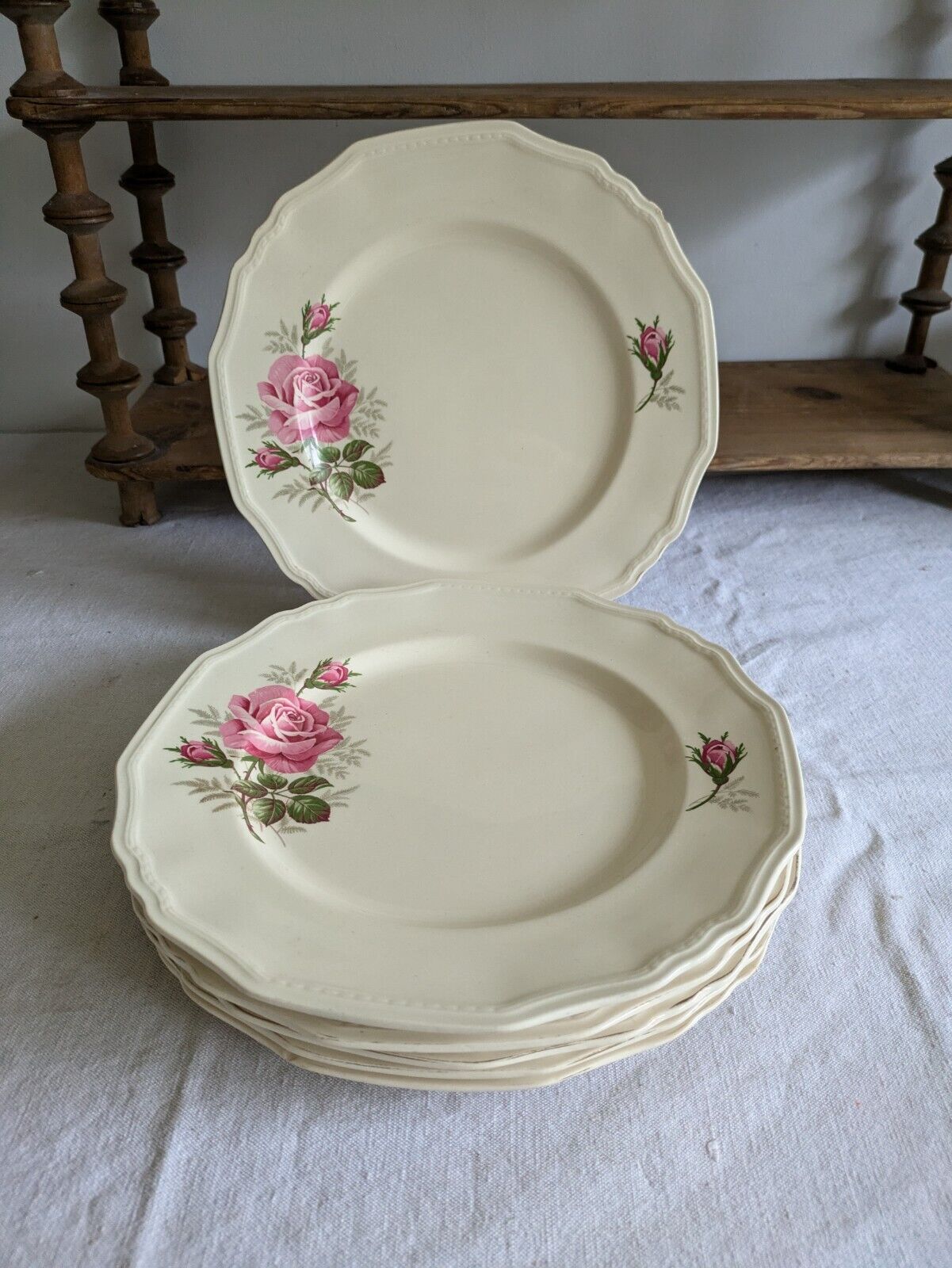 6x VINTAGE ALFRED MEAKIN SANDRINGHAM CABBAGE ROSE DINNER PLATE UP CREAM SHABBY 