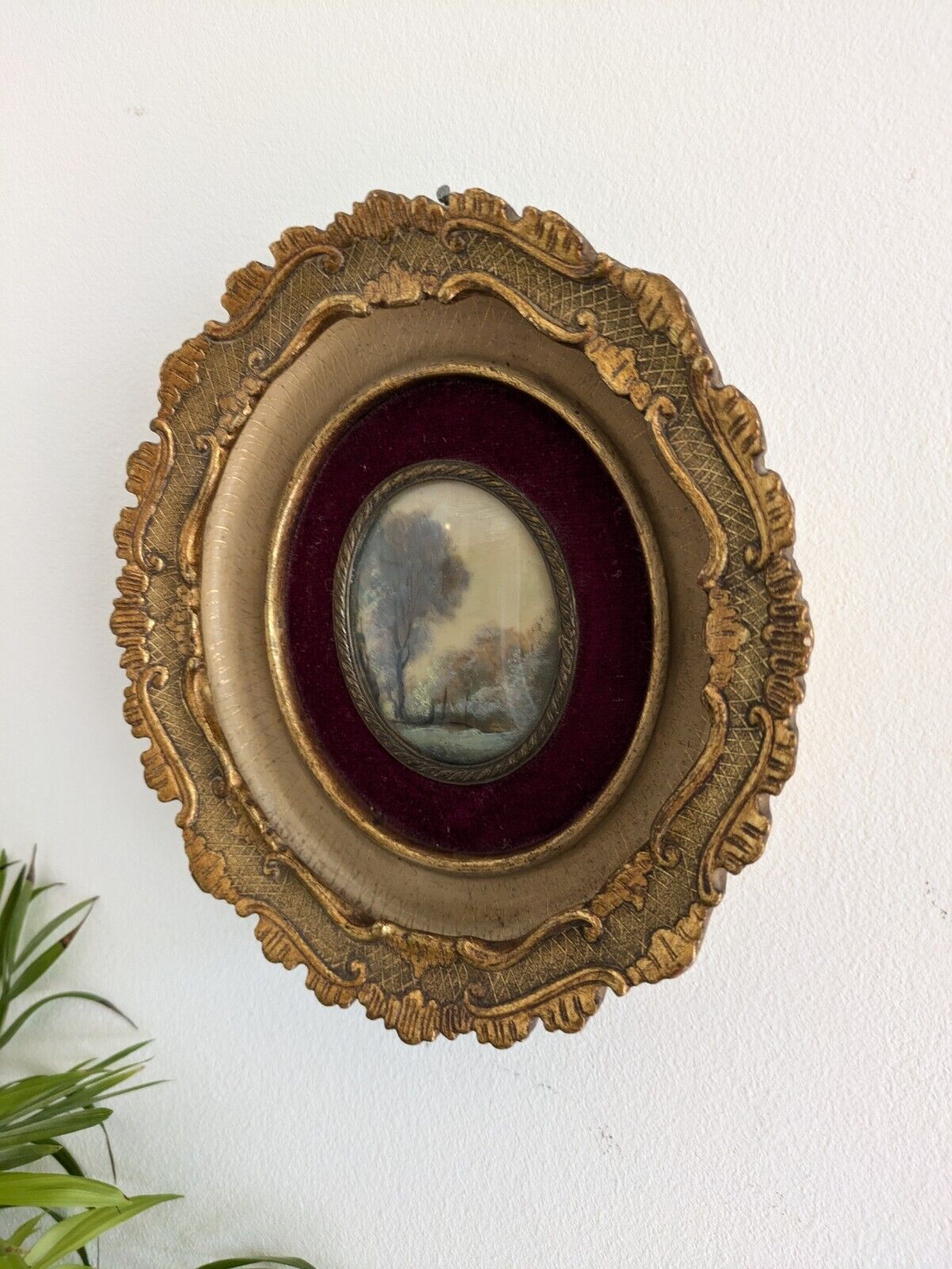 Antique Miniature Porcelain PAINTING In Gilt Oval Frame Velvet VTG Argentena
