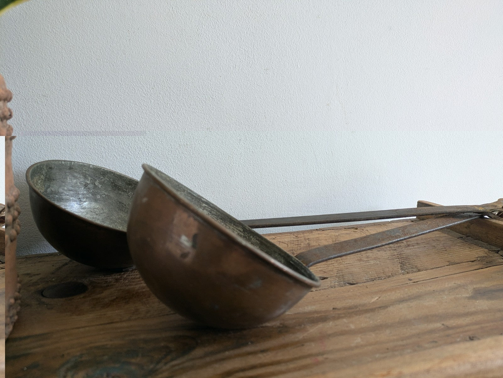 2x Antique Copper Iron Ladle Hand Forged Victorian Scoop Wall Hanging Spoons Vtg