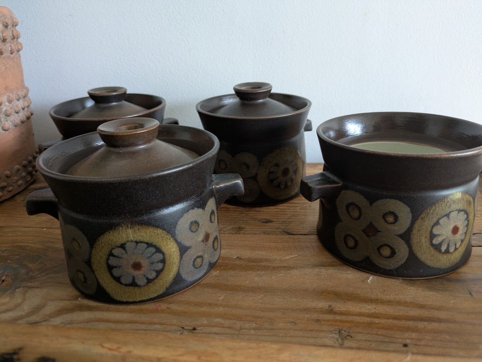 4 vintage 1960s DENBY Arabesque Gill Pemberton Small Lidded Soup Bowls 3 Lids 