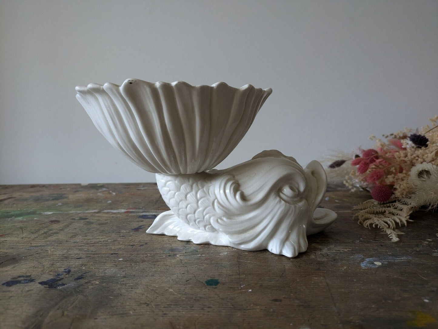 Rare Vintage Rita-Dal-Pra - Italian Ceramic Dolphin Fish White Ornamental Bowl