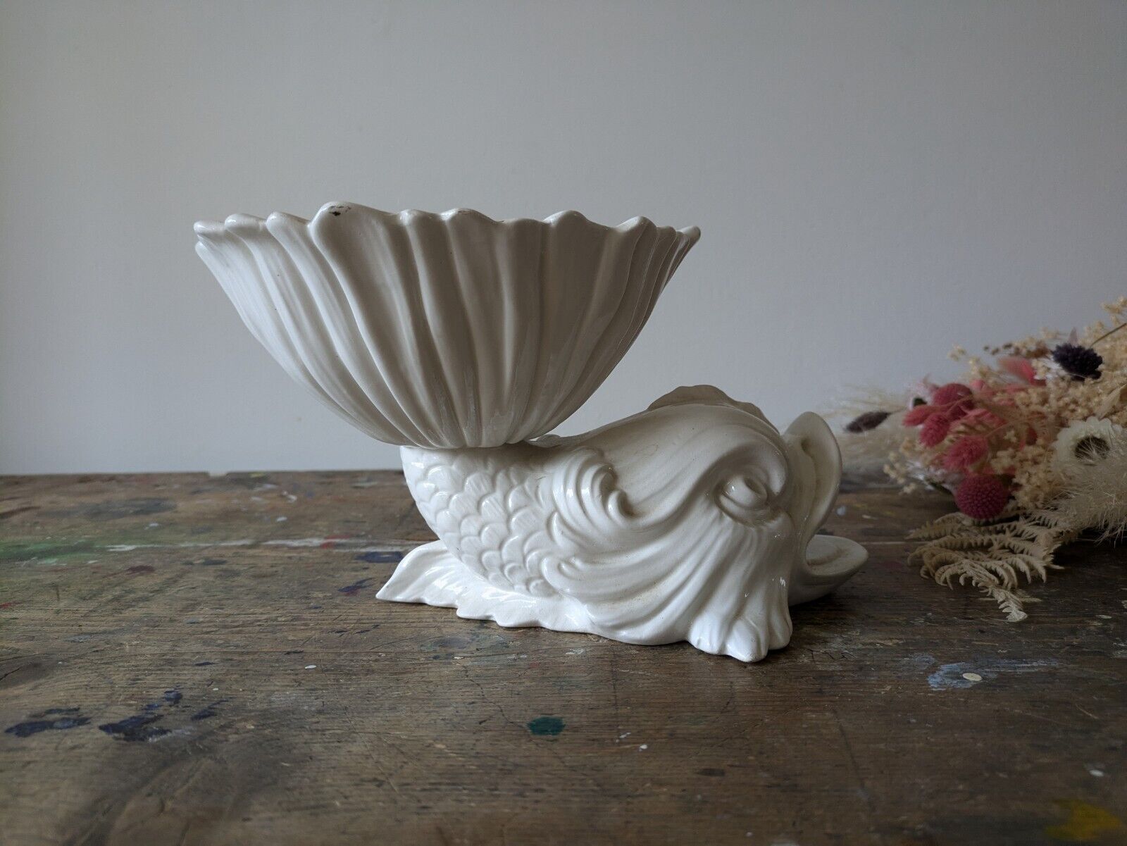 Rare Vintage Rita-Dal-Pra - Italian Ceramic Dolphin Fish White Ornamental Bowl