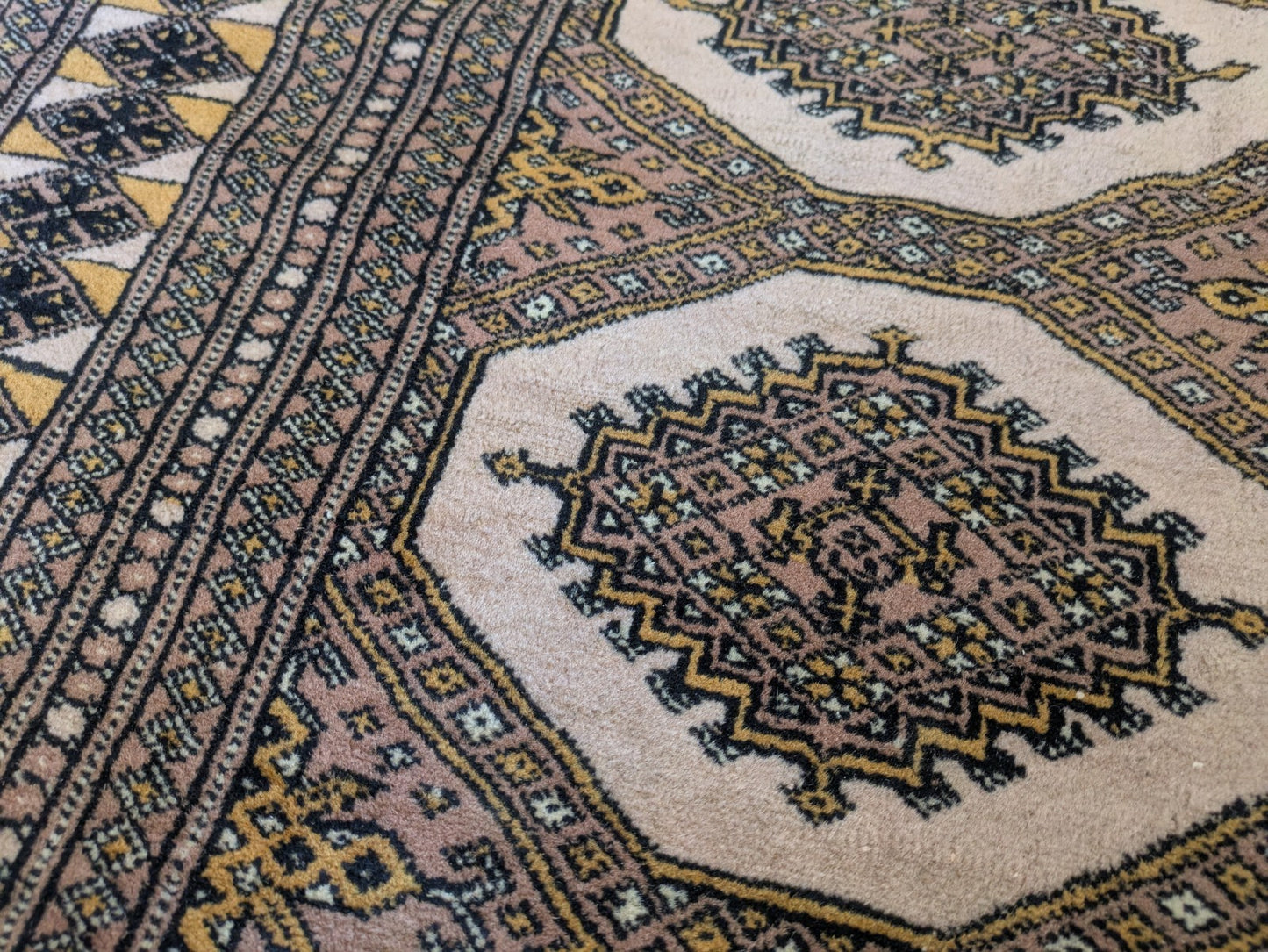 Cream Bokhara Hand Knotted Oriental Wool Afghan Turkmen Area Rug Gul Motif  Vgc