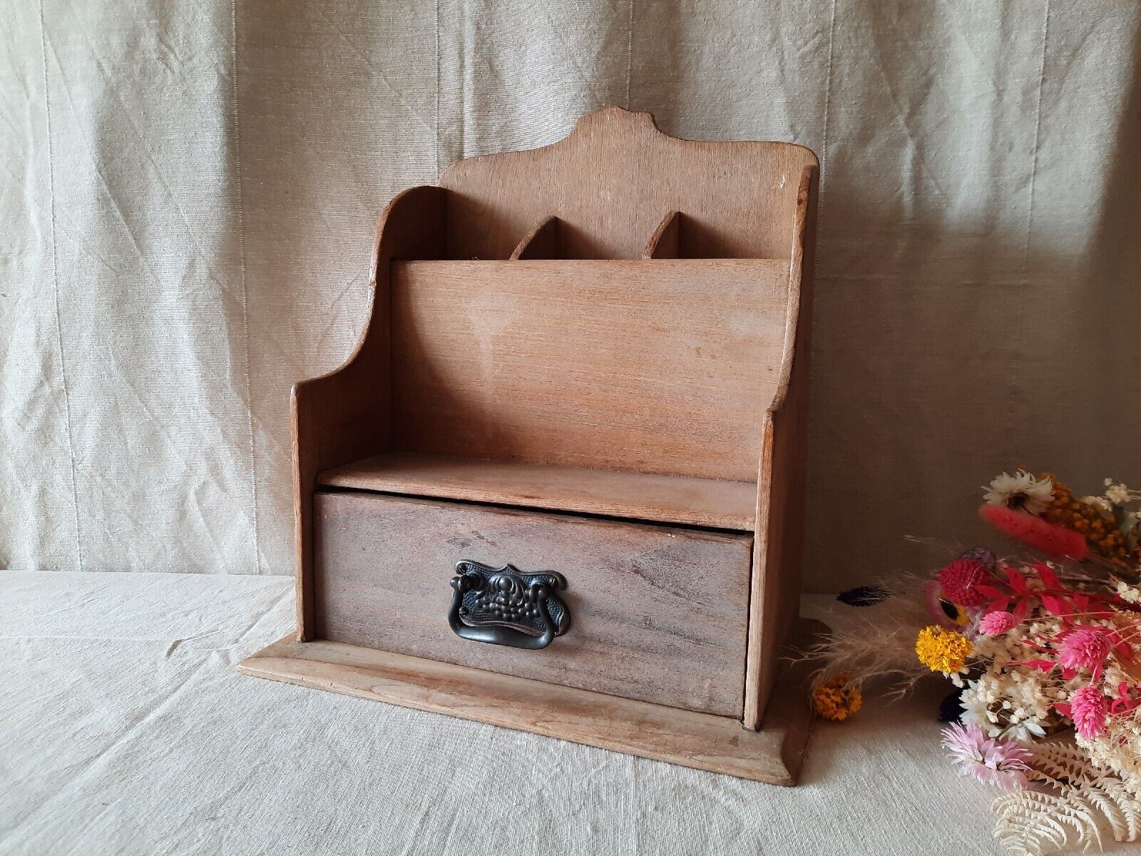 Antique Victorian Desk Tidy with Drawer / Letter Rack pen holder sections wooden