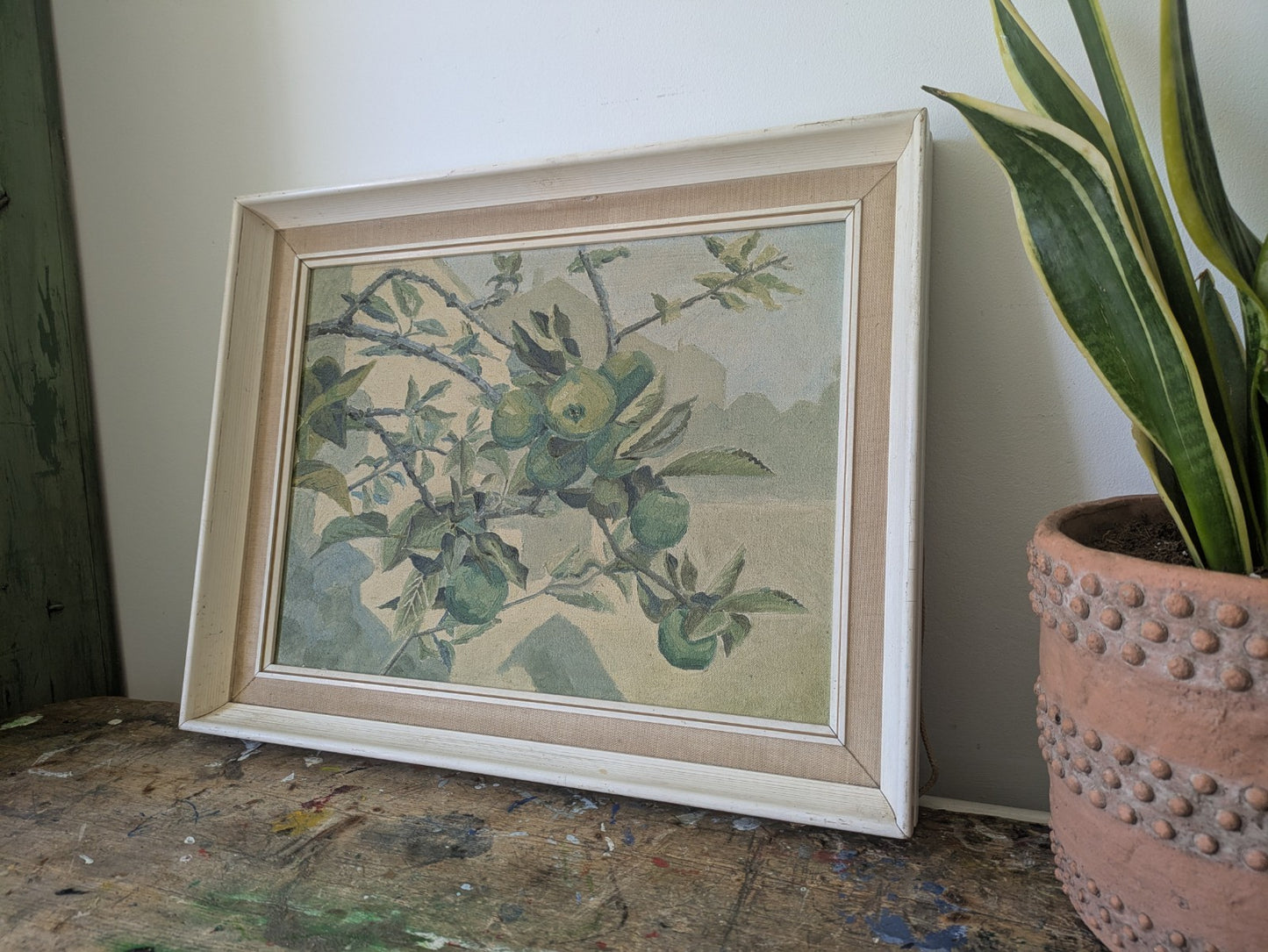 Vintage Apple Tree Original Painting Mid Century Framed Still Life Fruit Retro