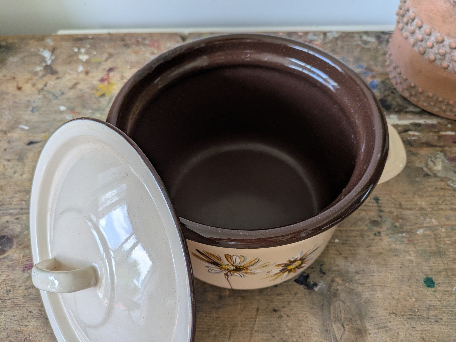Floral Emalia Olkusz Polish Enamel Cooking Pot Daisy Vintage Retro 1907 Brown