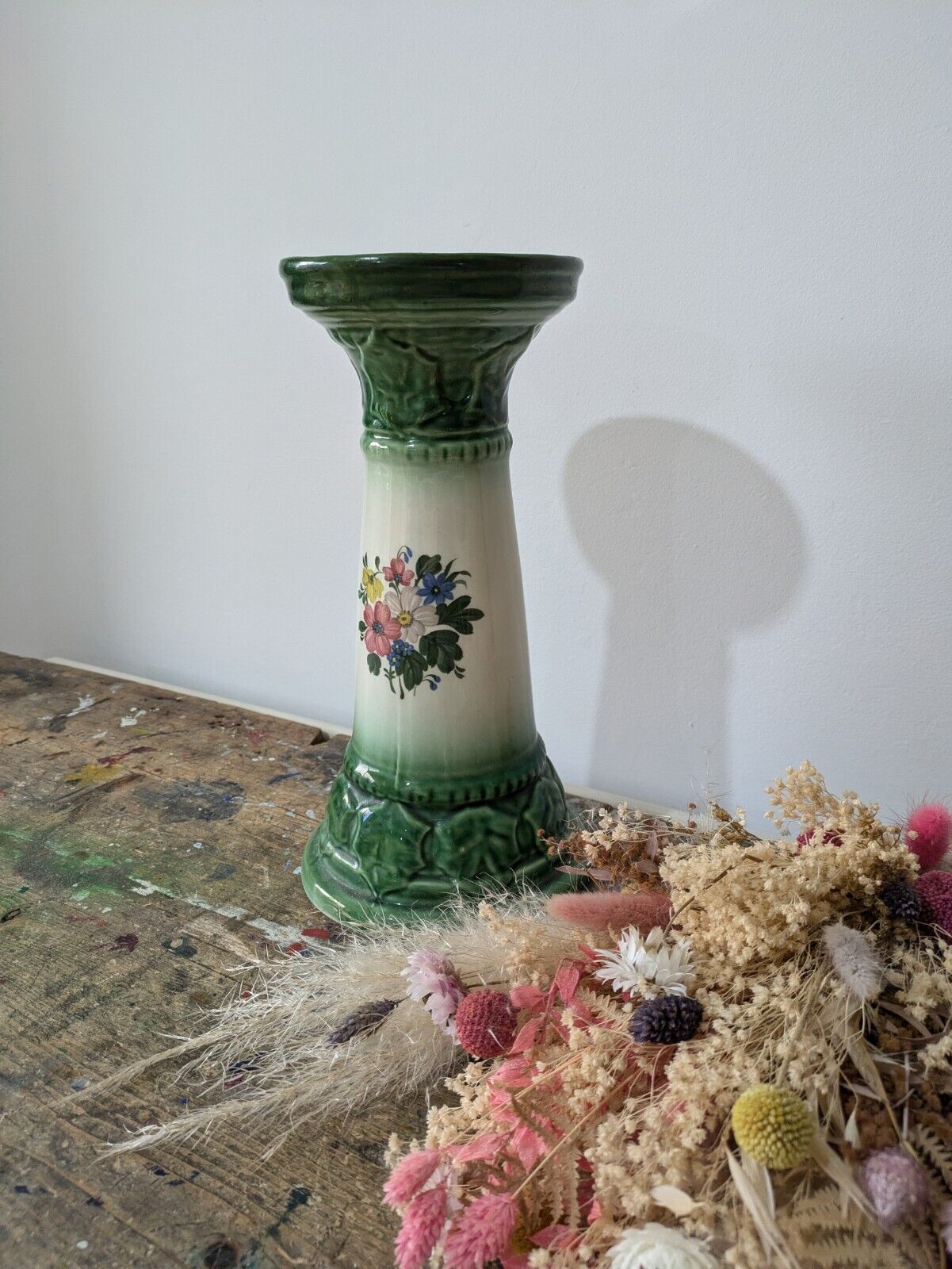 Stunning Vintage Italy Ceramic Jardinere Pedestal Holly Floral Rose Stand 29.5cm
