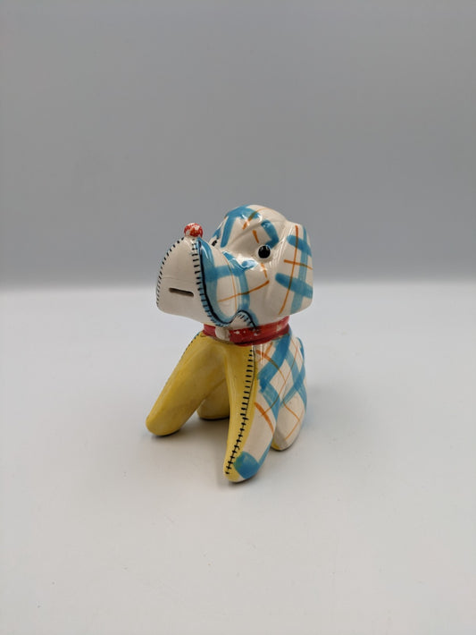 Vintage Kitsch Ceramic Novelty Dog Tape Measure Plaid Design Blue Retro 1950s Vg