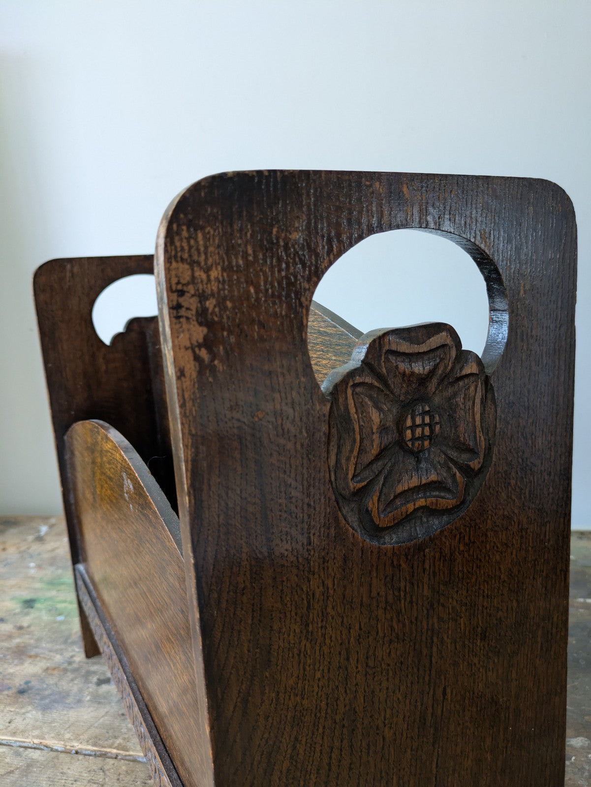 Antique Art Deco Oak Newspaper Stand 1930's Canterbury Carved Rose Magazine Rack