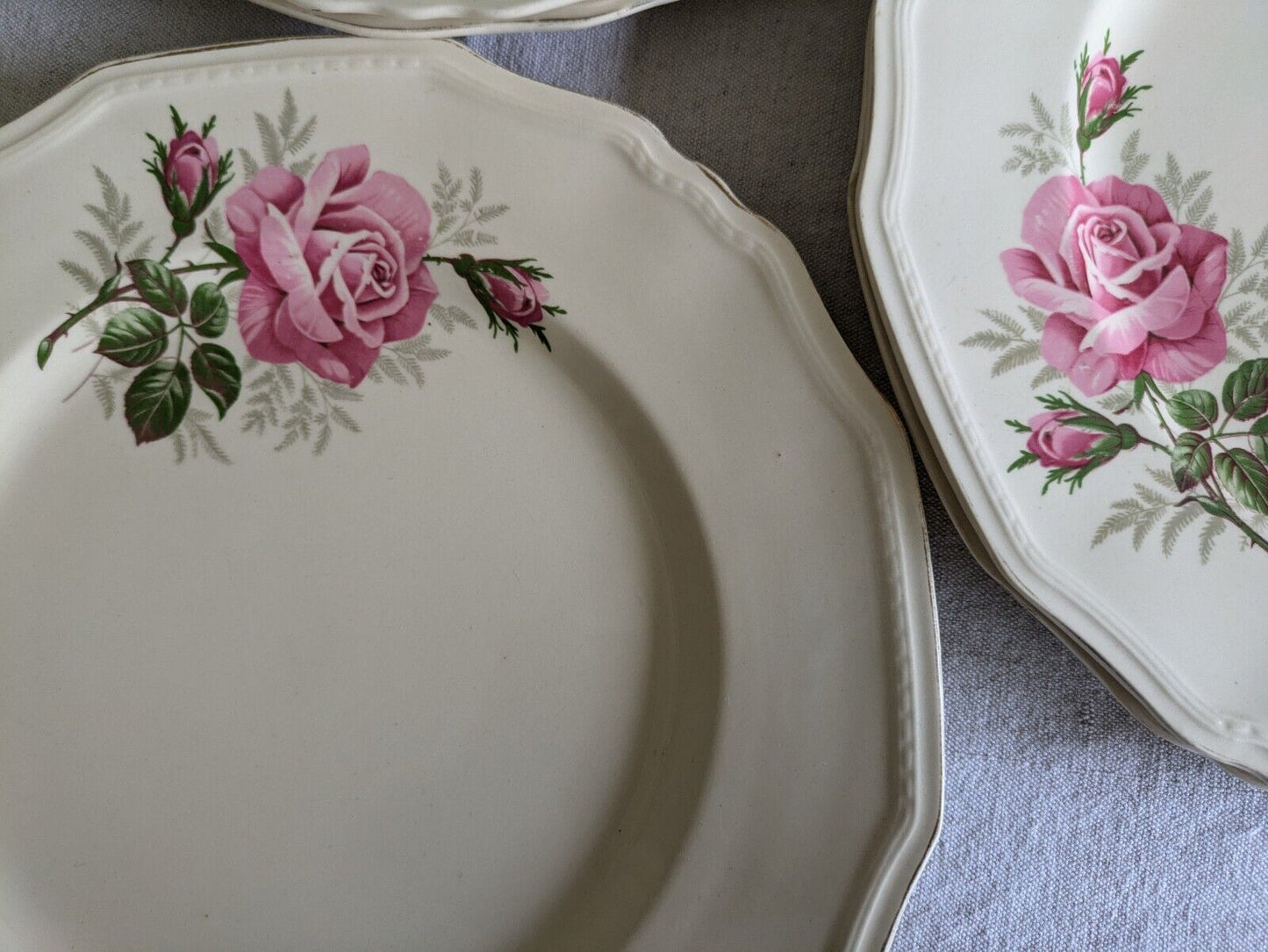 6x VINTAGE ALFRED MEAKIN SANDRINGHAM CABBAGE ROSE DINNER PLATE UP CREAM SHABBY 