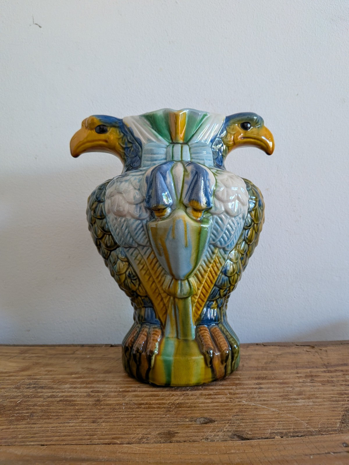 Vtg Mid Century Majolica Style Italian French Double Eagle Head Earthenware Vase