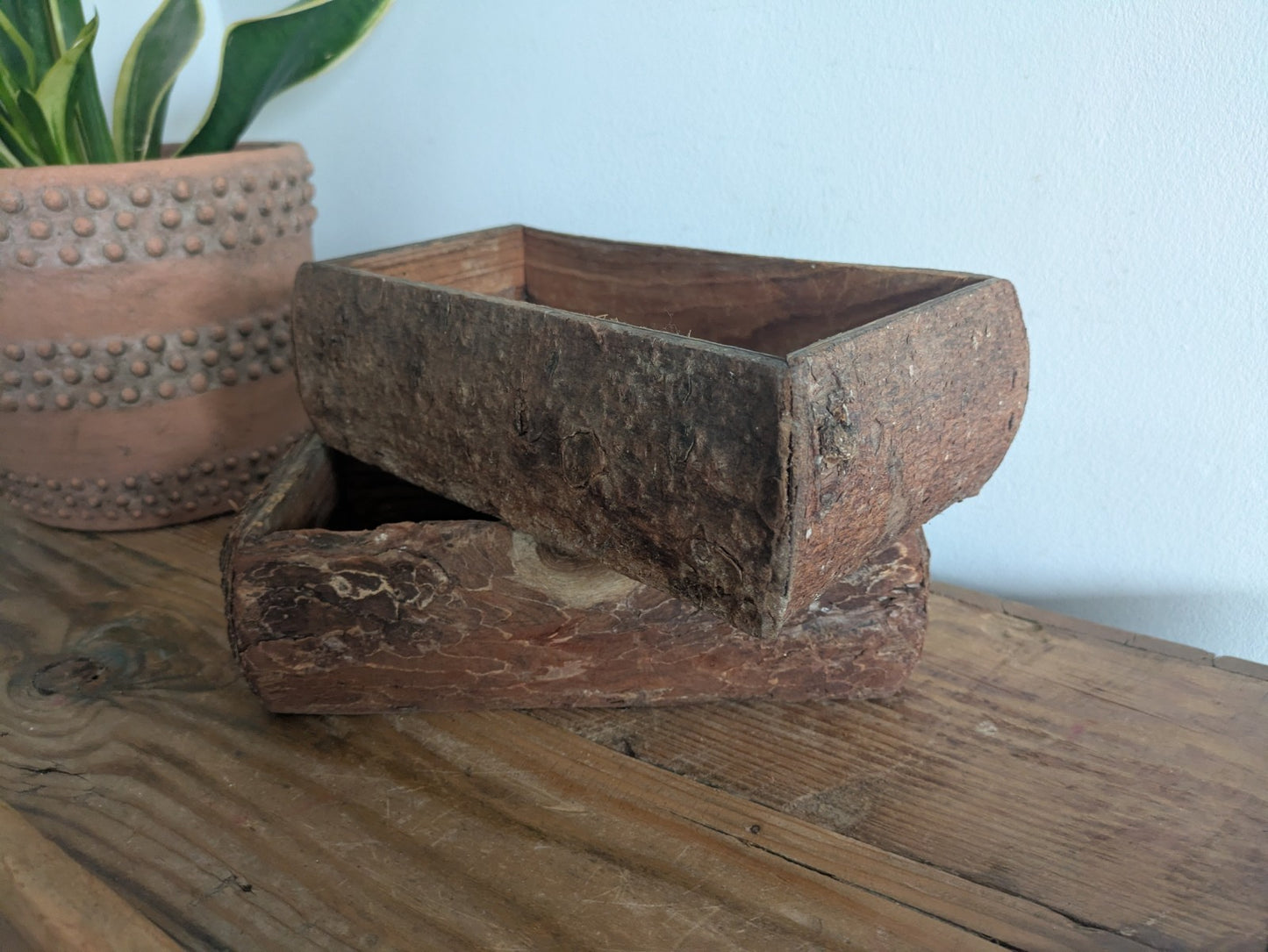 Pair Of Reclaimed Rustic Wood Handmade Box Planter Centerpiece Log Farmhouse Vgc