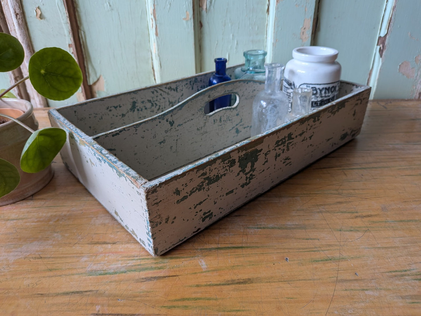Vtg Distressed Paint Antique Wooden Cutlery Tray Box Kitchen Trug Sectional Prop
