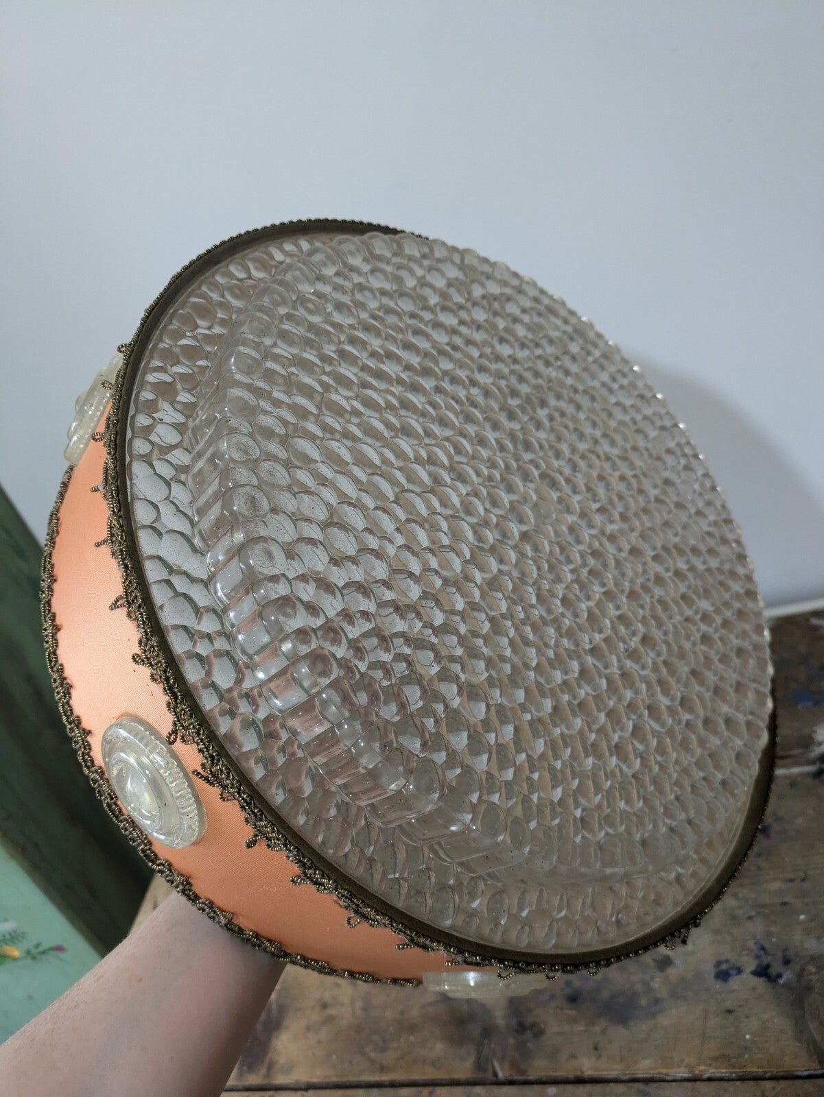 MID CENTURY 60S VTG RETRO FABRIC KNOBBLY PLASTIC SCANDI CEILING LIGHT LAMP SHADE