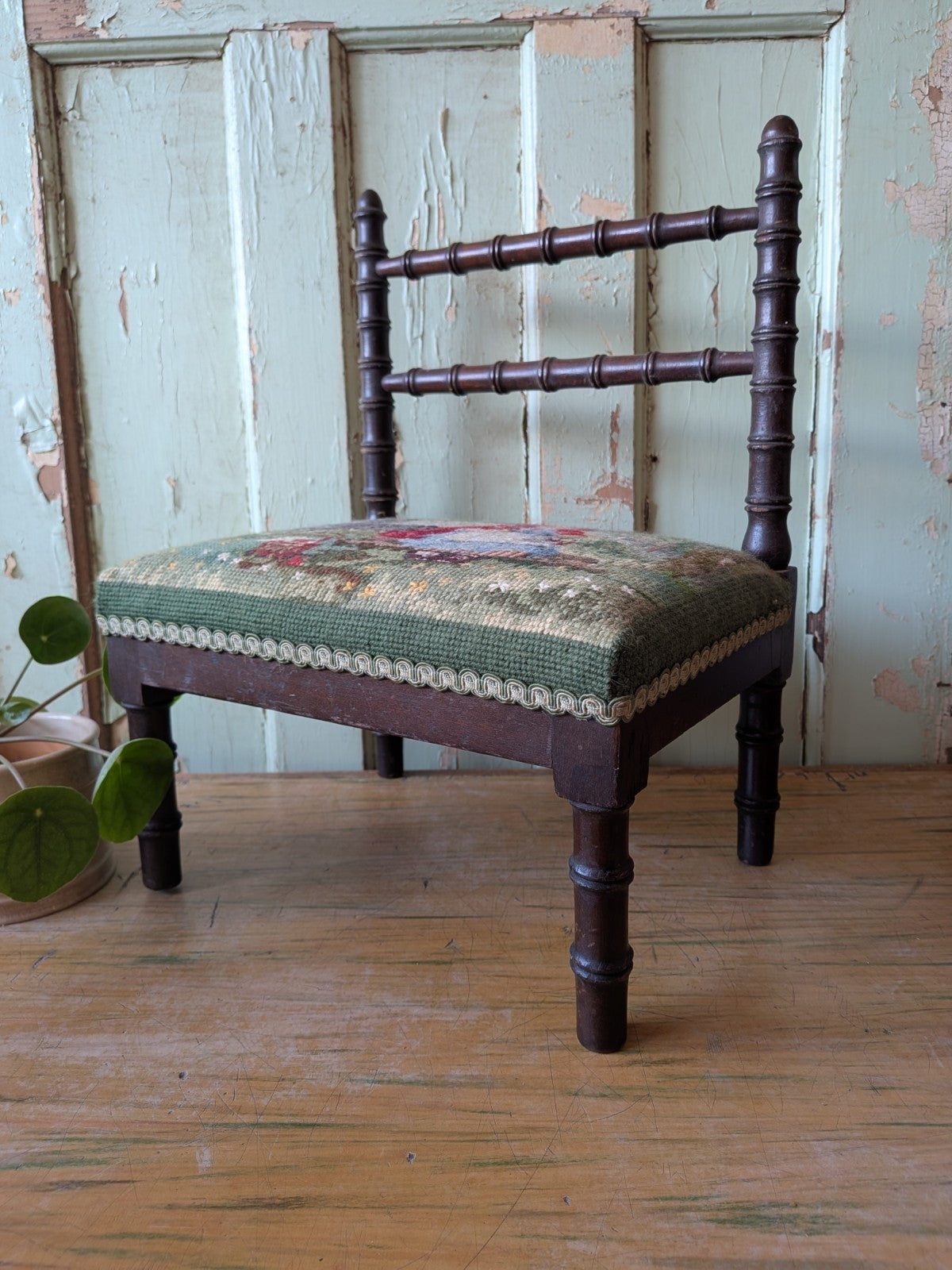 Antique Bobbin Faux Bamboo Childs Chair Apprentice Tapestry Seat Red Riding Hood