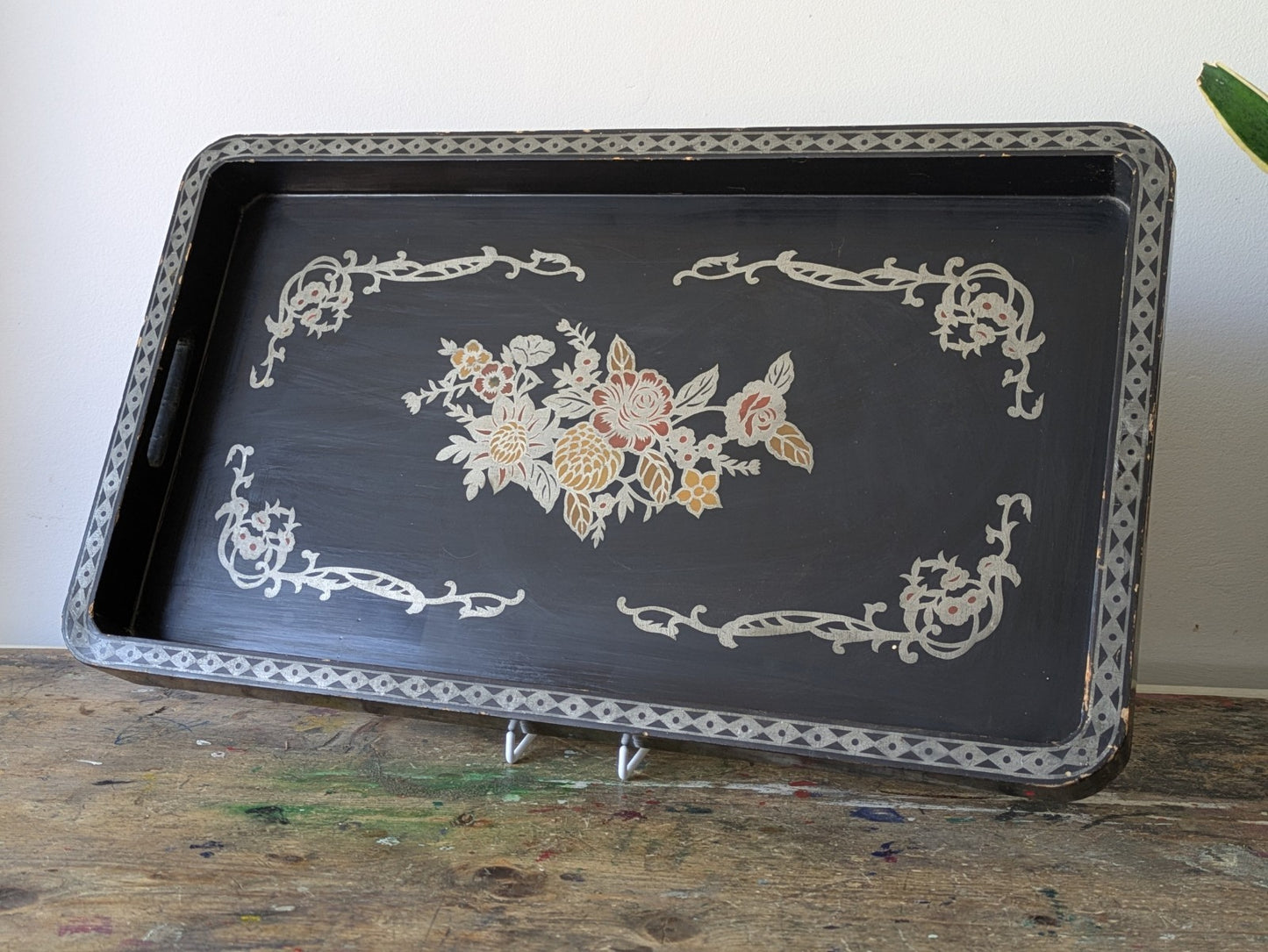 Vintage Chinese Lacquered Serving Tray c. 1950 Painted Floral Black Stencil Atq