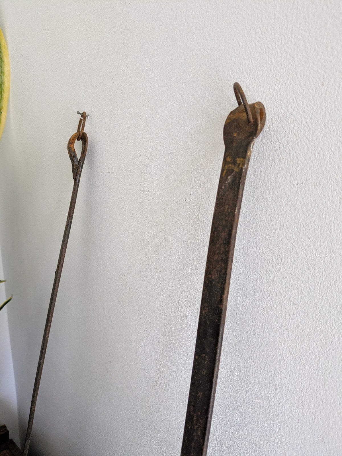 2x Antique Copper Iron Ladle Hand Forged Victorian Scoop Wall Hanging Spoons Vtg