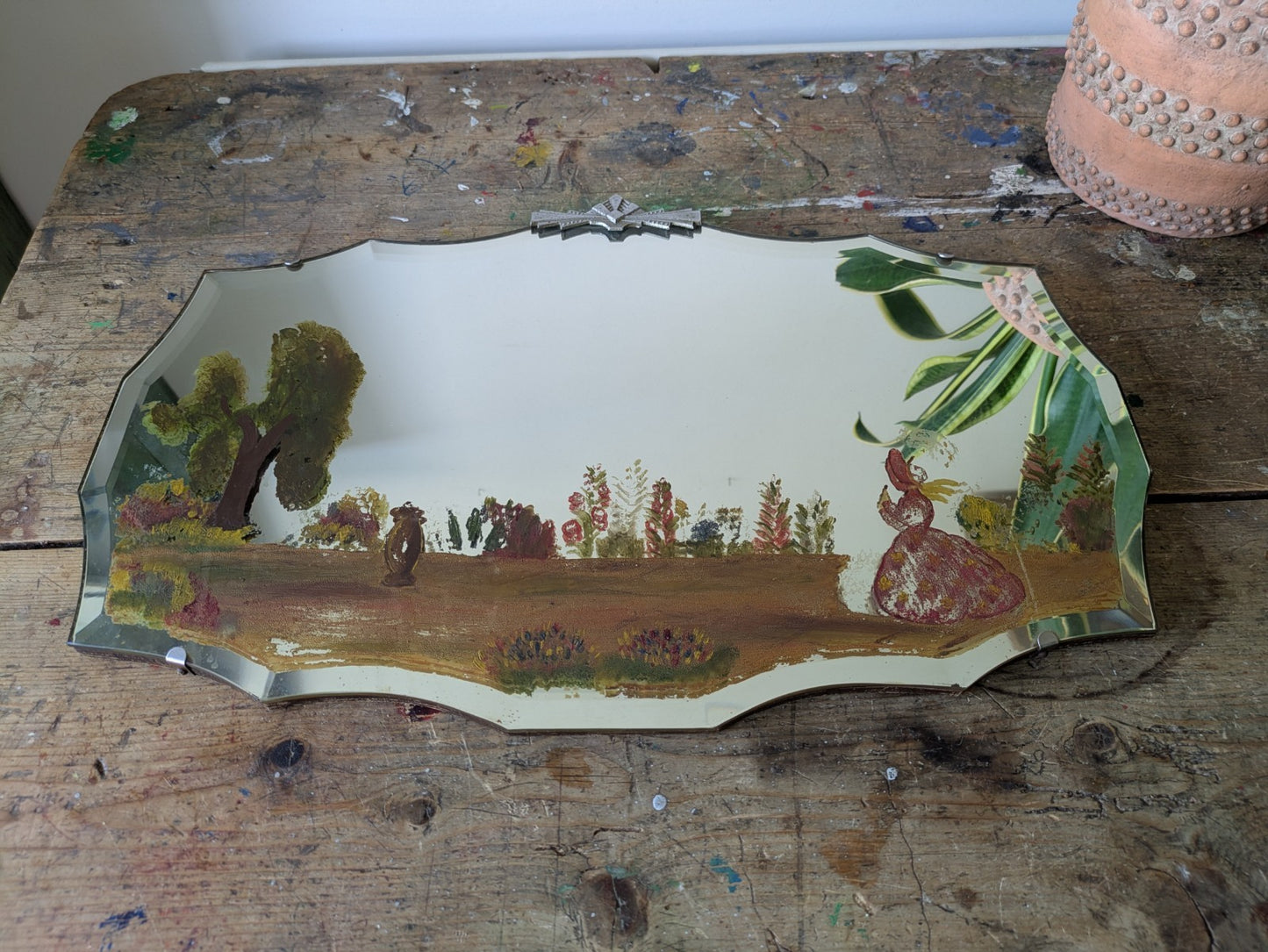 Vintage Art Deco Hand Painted Bevelled Wall Mirror Crinoline Lady Spring Garden