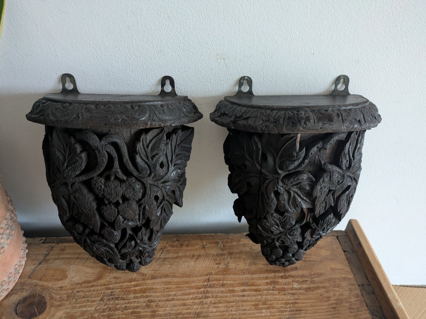 Antique Pair Carved Wall Hanging Shelf Sconce Decor C1880 Demi Lune Rare Vtg 