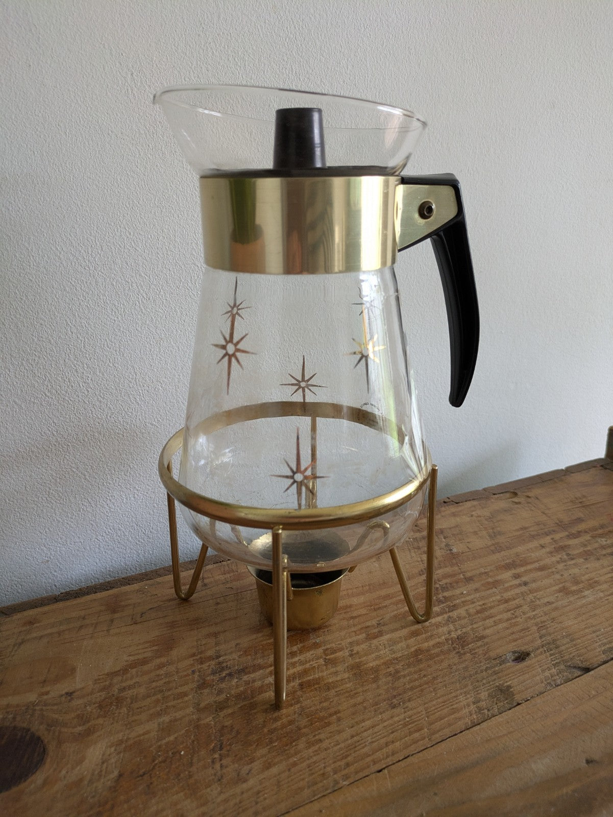Corning Pyrex Coffee Carafe 1960s Atomic Starburst 6 Cup Candle Warmer Stand Vtg