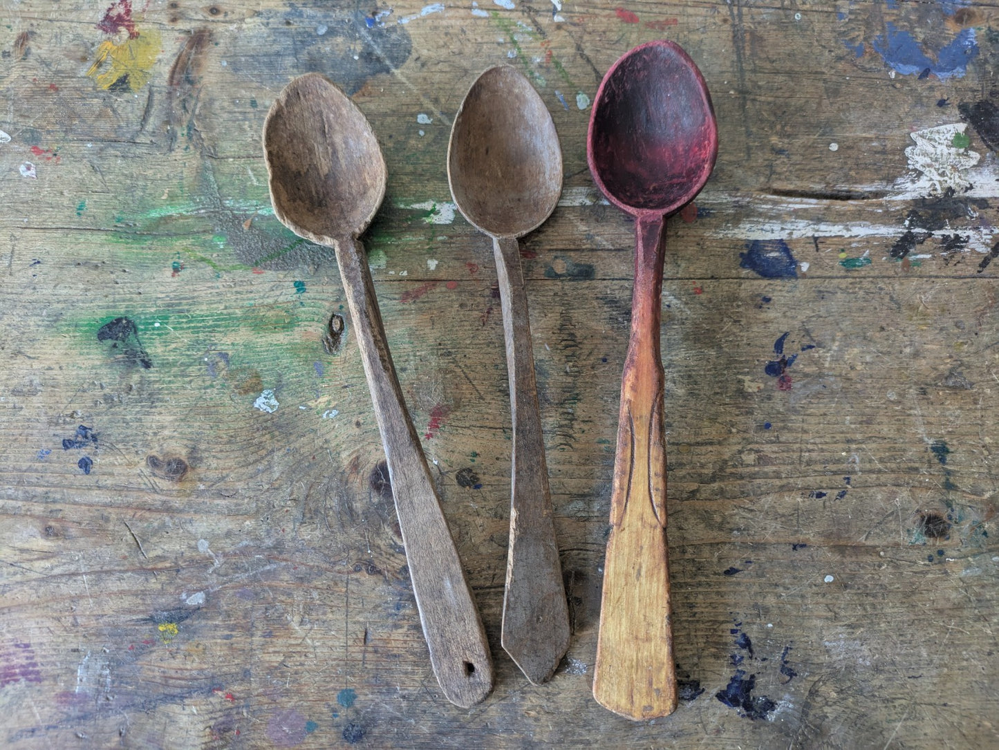 OLD ANTIQUE PRIMITIVE WOODEN HANDMADE LONG RARE CARVED SPOONS PADLE - LOT OF 3..