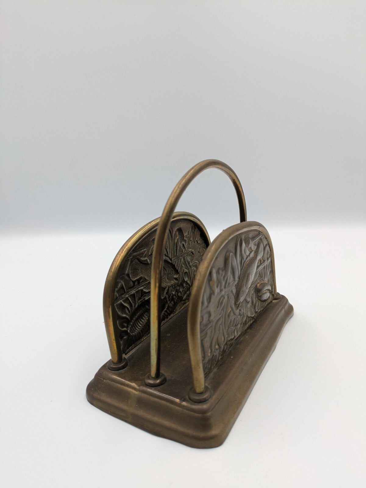 Collectable Brass fish scene letter rack with hooped handle Napkin Holder VTG Vg