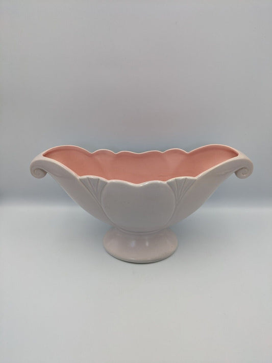 Vtg Arthur Wood Two Handled  Ceramic Mantle Vase Trophy Vase White Pink 1950s