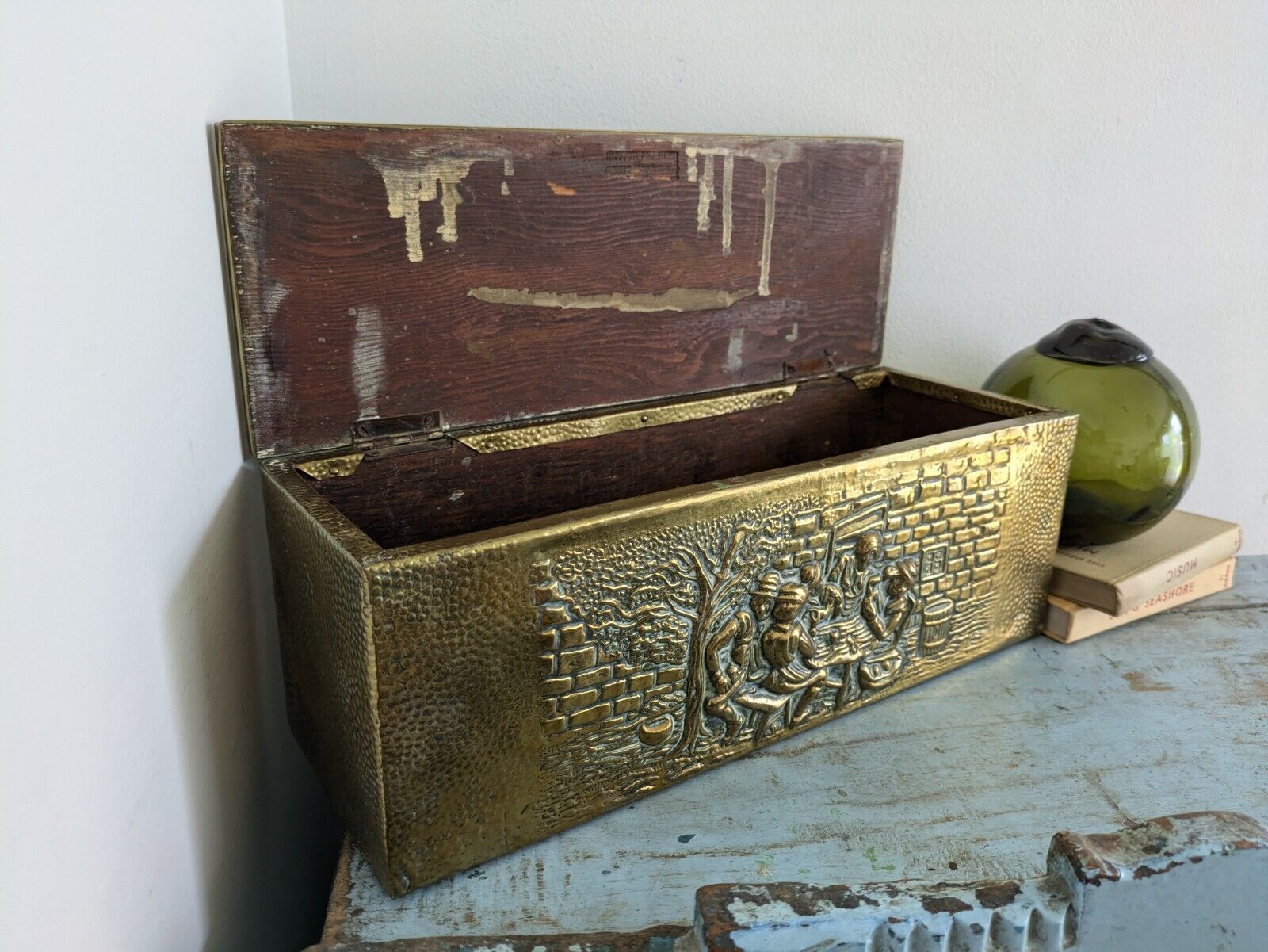 Antique 19th Century Vintage Embossed Brass and Wood Slipper Box Narrow Storage 