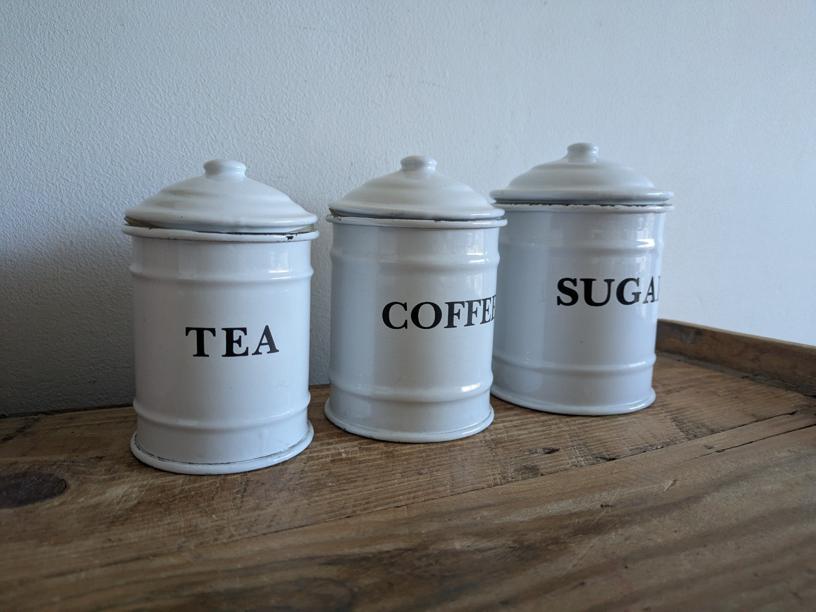 Vintage White Enamel Canisters Set Metal Tins Jars Antique Vgc Shabby Chic Clean