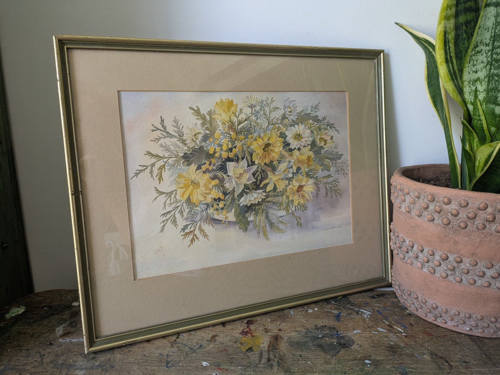 Original Watercolour Painting M W Varley Spring Bouquet Floral Vase Flowers Vgc