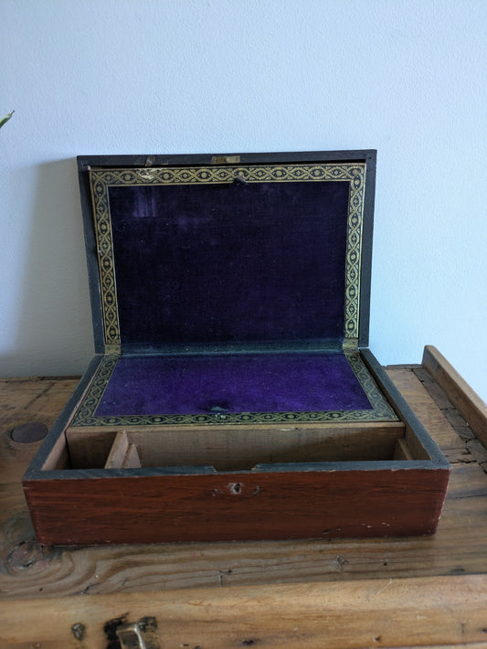 Antique 19th Century English Art Nouveau Campaign Writing Slope Desk Velvet Rare