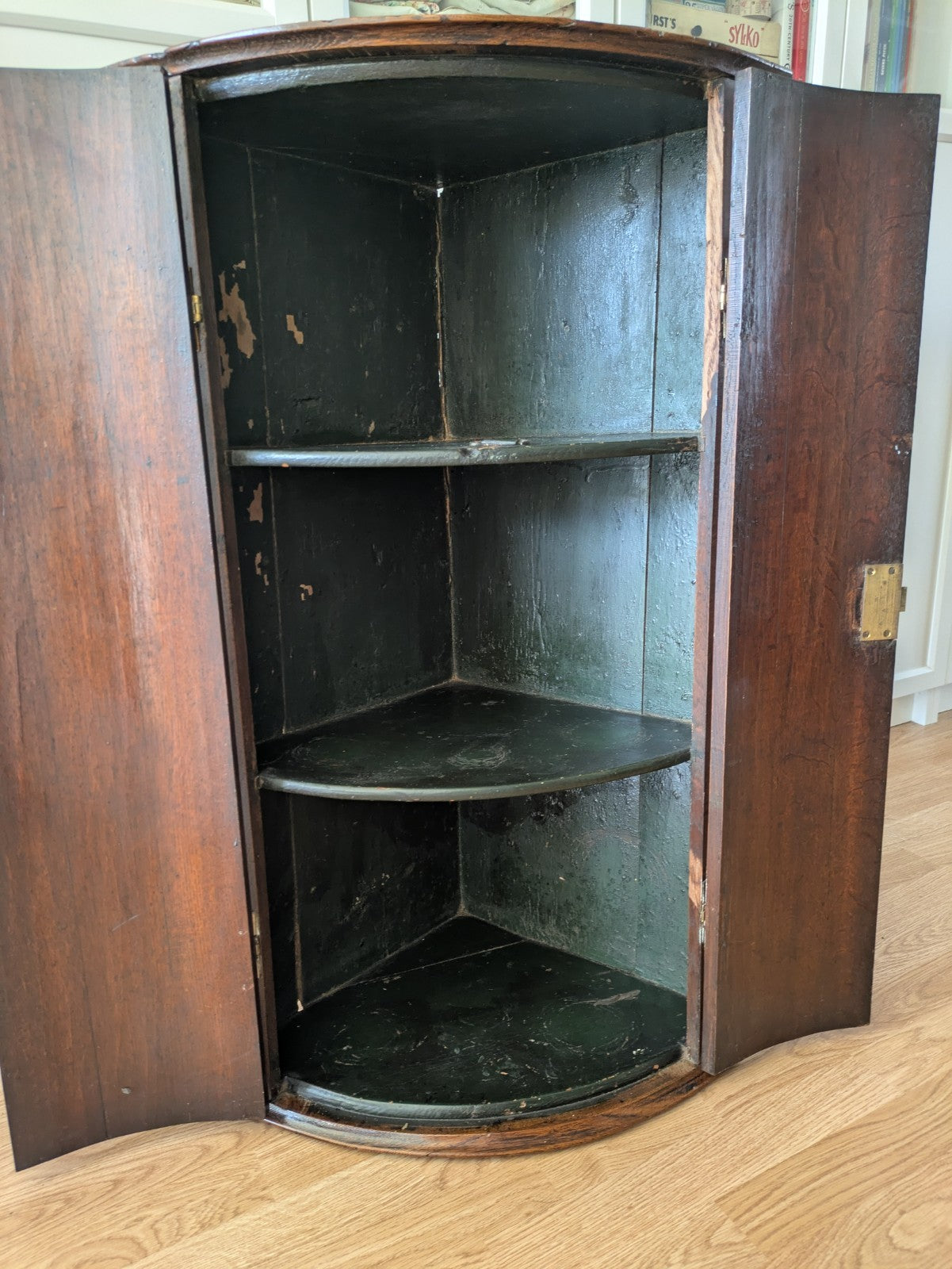 Antique Georgian Bow Fronted Wall Hanging Corner Cabinet Cupboard Shelves Wooden