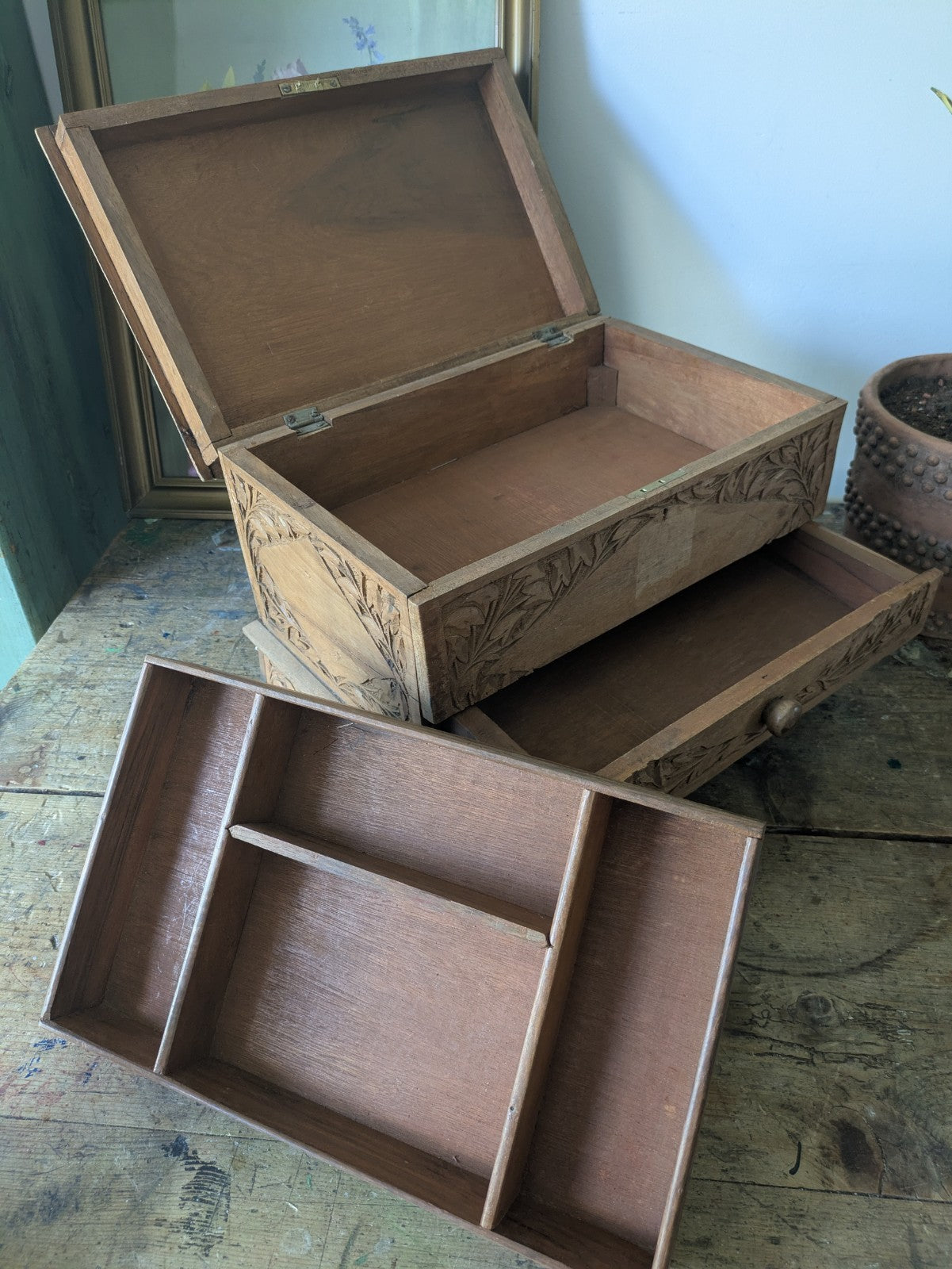 Vintage Hand Carved Indian Wooden Storage Cabinet Chest Trunk Mango Wood Box Sml