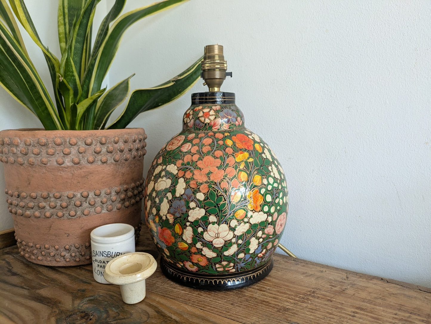 Lamp Base Vintage Kashmiri Indian Lacquer Papier Mache Gilded Flower Cloisonne