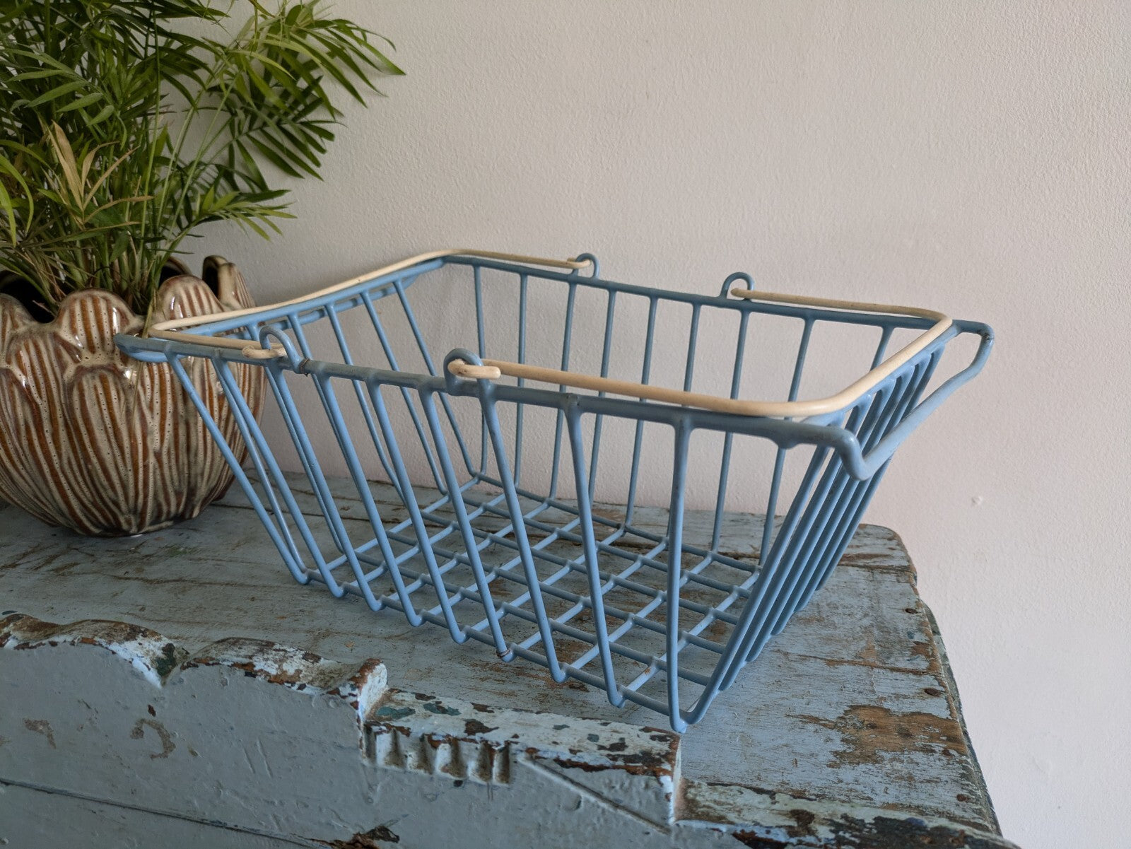 Vntage Pastel Sky Blue Wire Shopping Basket MCM Swing Handle Metal Farmers Retro
