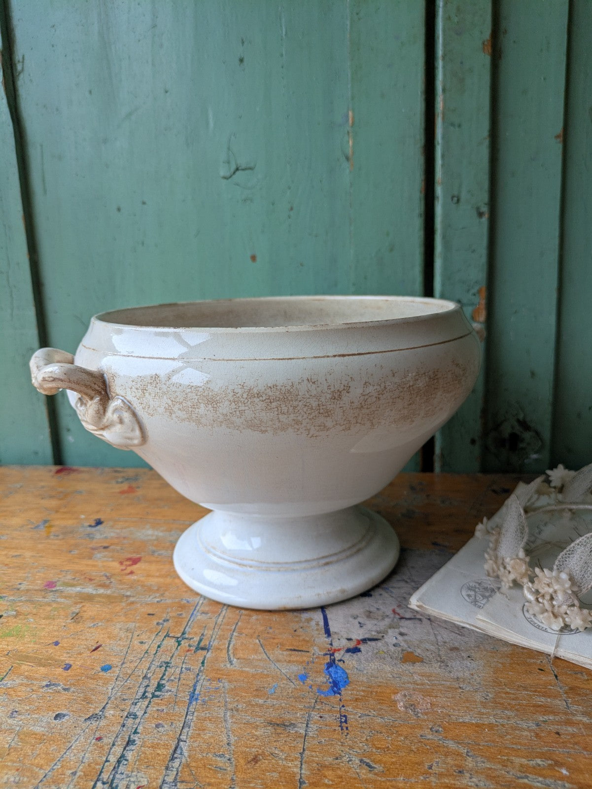Antique French Faience Soup Tureen/ Soupiere Opaque De Sarreguemines Crazed Rare
