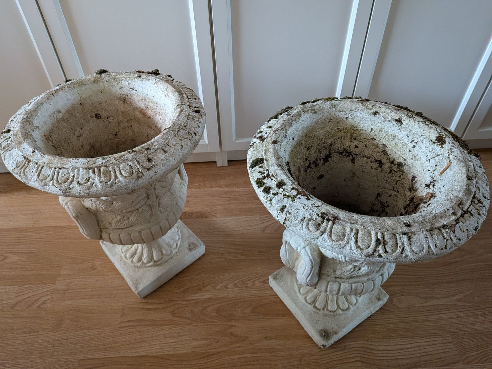 Pair Reclaimed Classical Medici Garden Urn Planter Cast Stone Handles Weathered