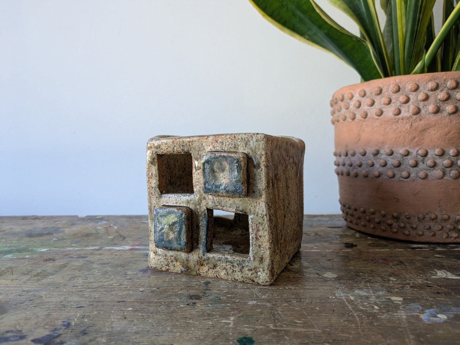 Vintage Retro AGR 1973 Glazed Cube Ceramic Plant Pot Brutalist Mid Century Vgc