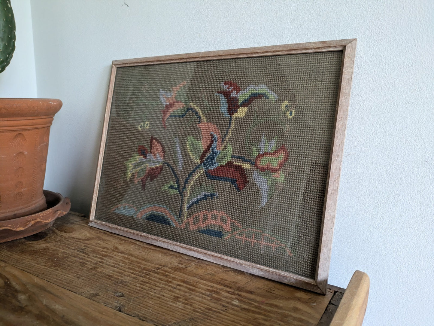 Vintage Antique Floral Tapestry Embroidery Cross Stitch Picture Framed Tree Life